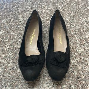 Salvatore Ferragamo vintage narrow suede black pointed tassel loafers